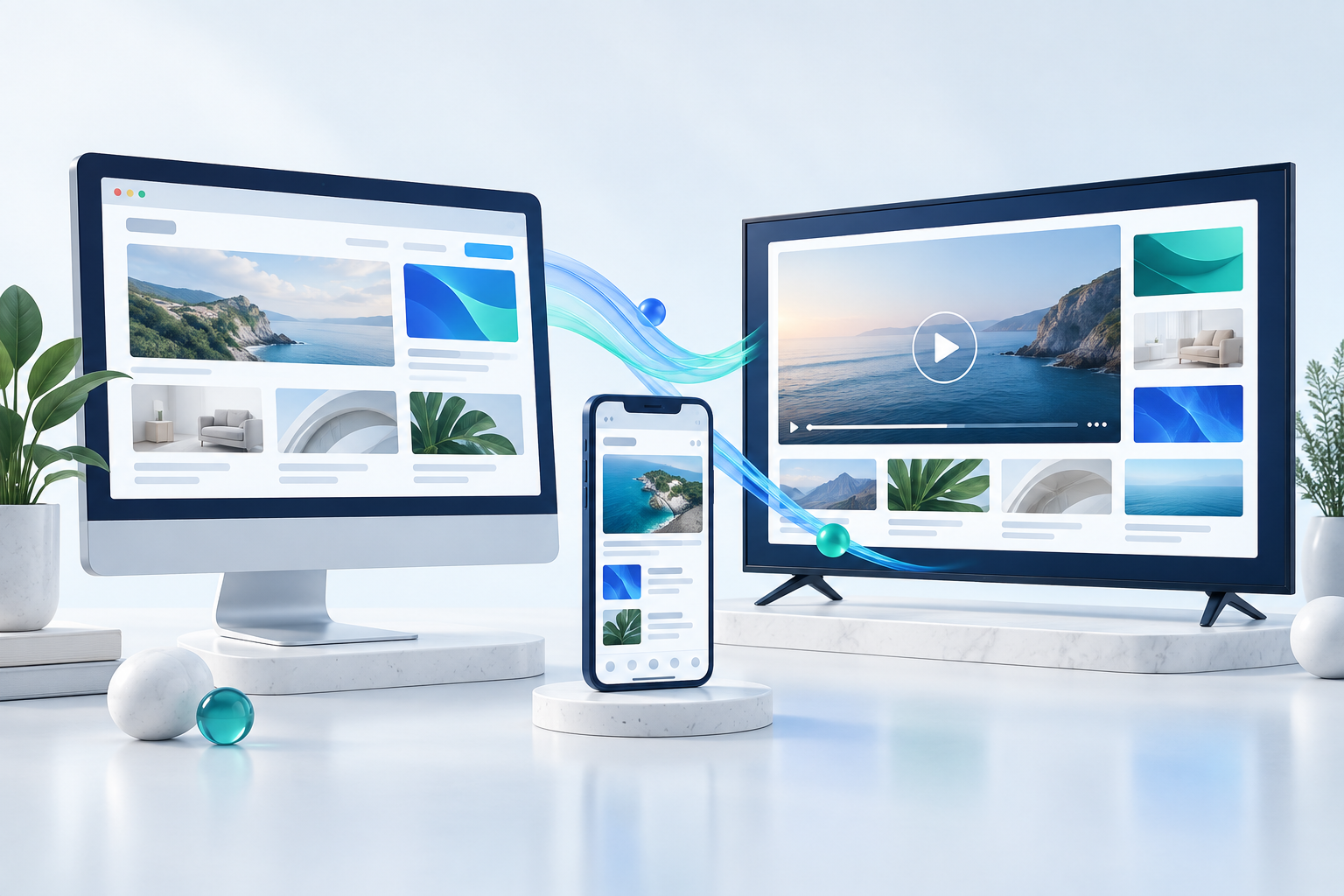 Masaüstü, mobil ve bağlı TV ekranlarında farklı reklam formatlarını gösteren illüstrasyon.