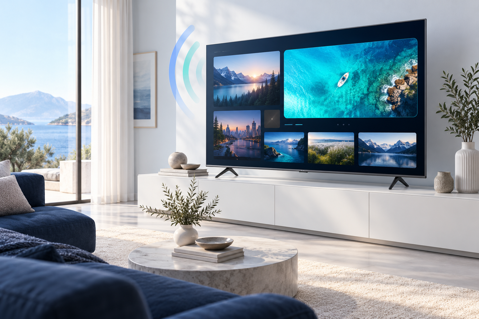 A modern living room with content and ad placements on a large smart TV screen.