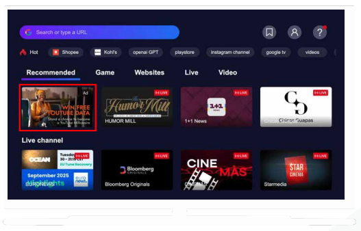 The video ad placement on a CTV app home screen highlighted with a red frame.