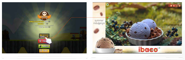A rewarded ad choice in a CTV game followed by the video ad shown afterwards.